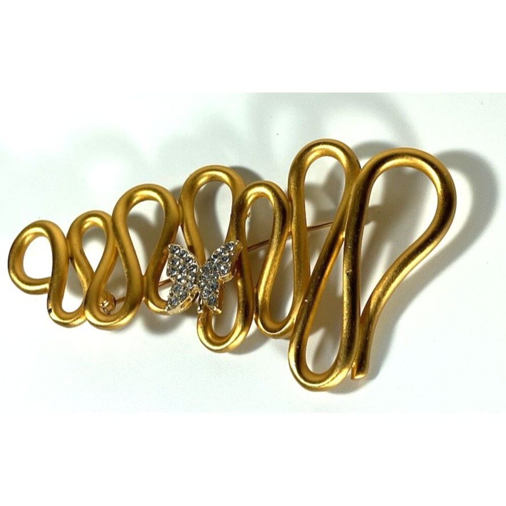Unique Vintage Wavy Swirl Brooch Pin  3" Gold Tone with Butterfly & Crystals
